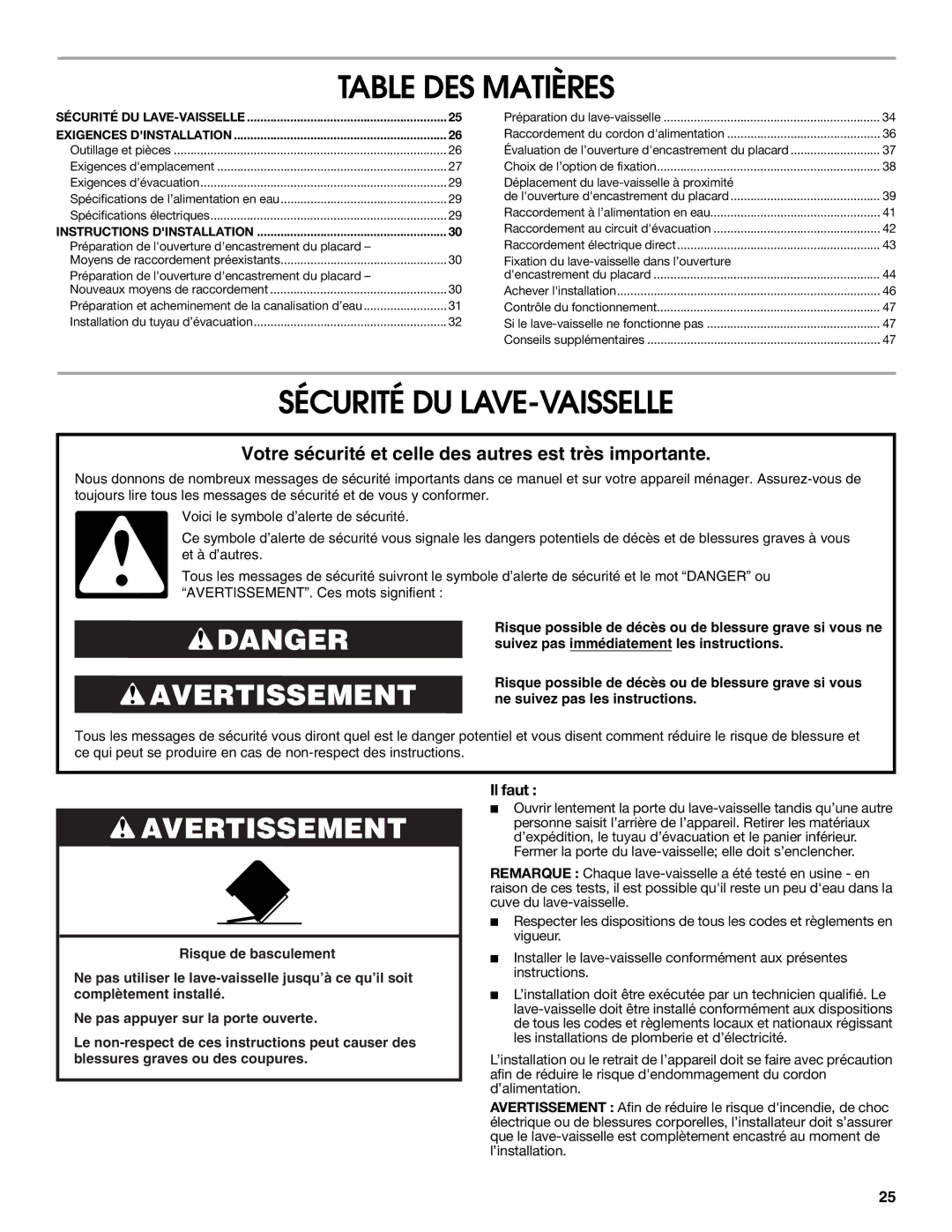 Maytag W10401504D installation instructions Table DES Matières, Sécurité DU LAVE-VAISSELLE, Il faut 