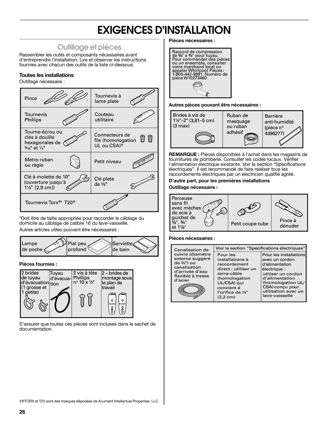 Maytag W10401504D installation instructions Exigences Dinstallation, Outillage et pièces, Toutes les installations 