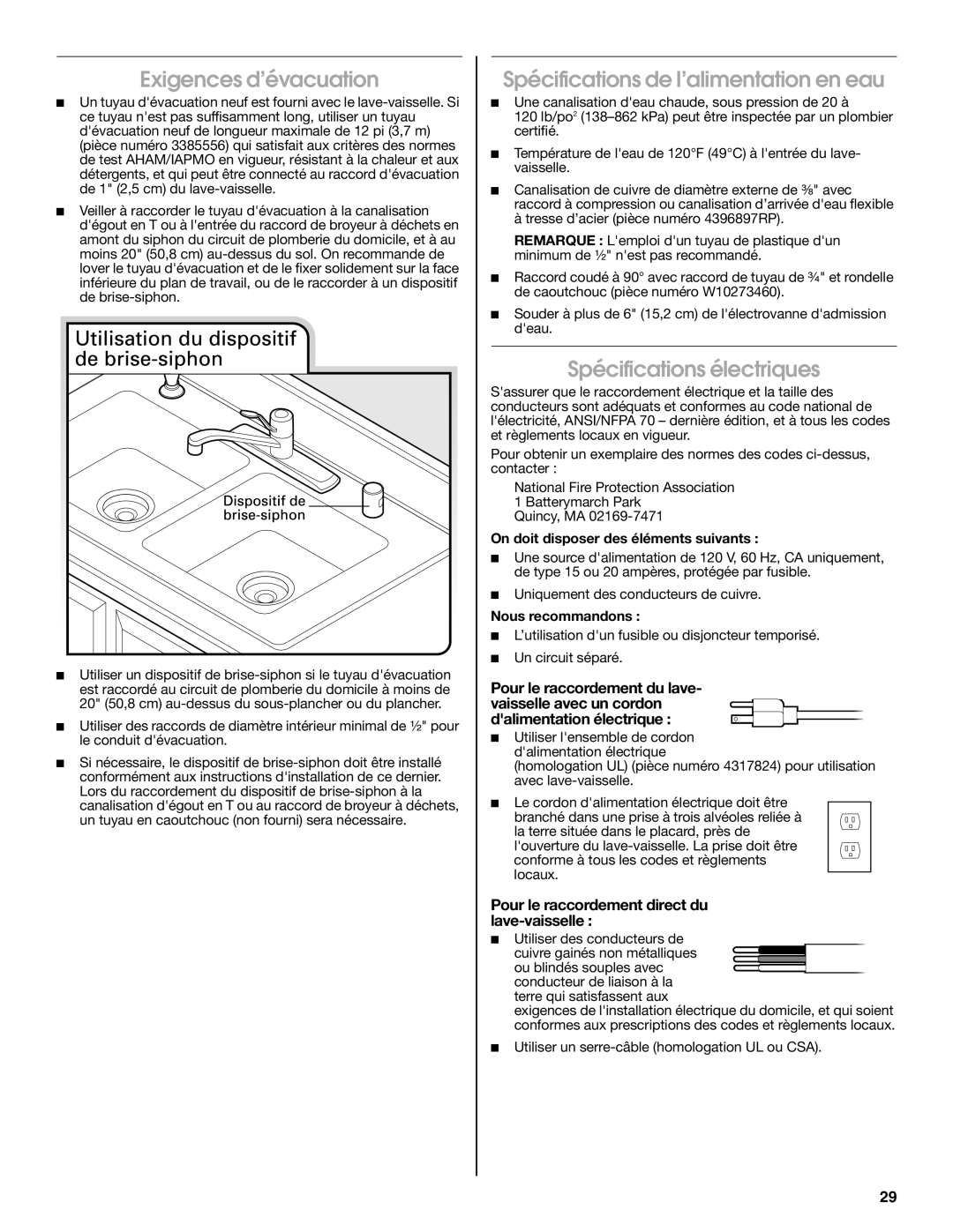 Maytag W10401504D Exigences d’évacuation, Spécifications de l’alimentation en eau, Spécifications électriques 