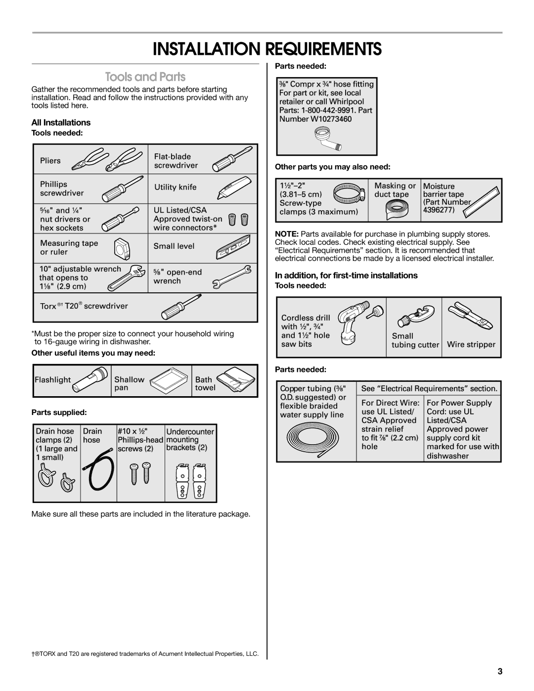 Maytag W10401504D Installation Requirements, Tools and Parts, All Installations, Addition, for first-time installations 