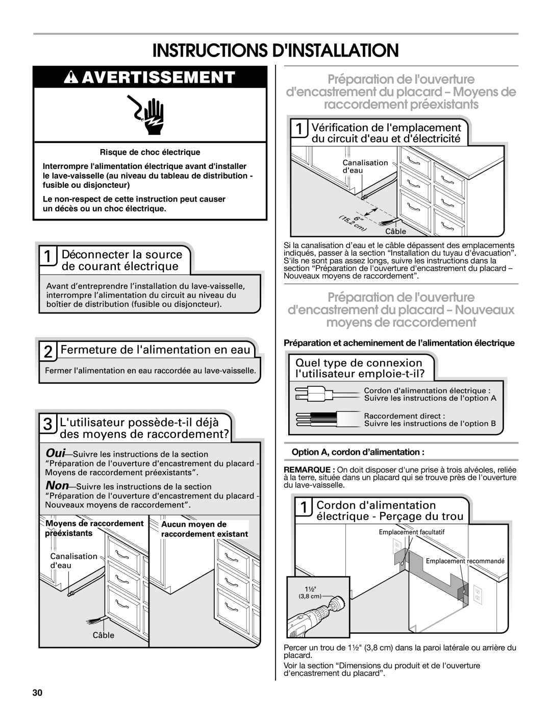 Maytag W10401504D Instructions Dinstallation, Préparation et acheminement de l’alimentation électrique 