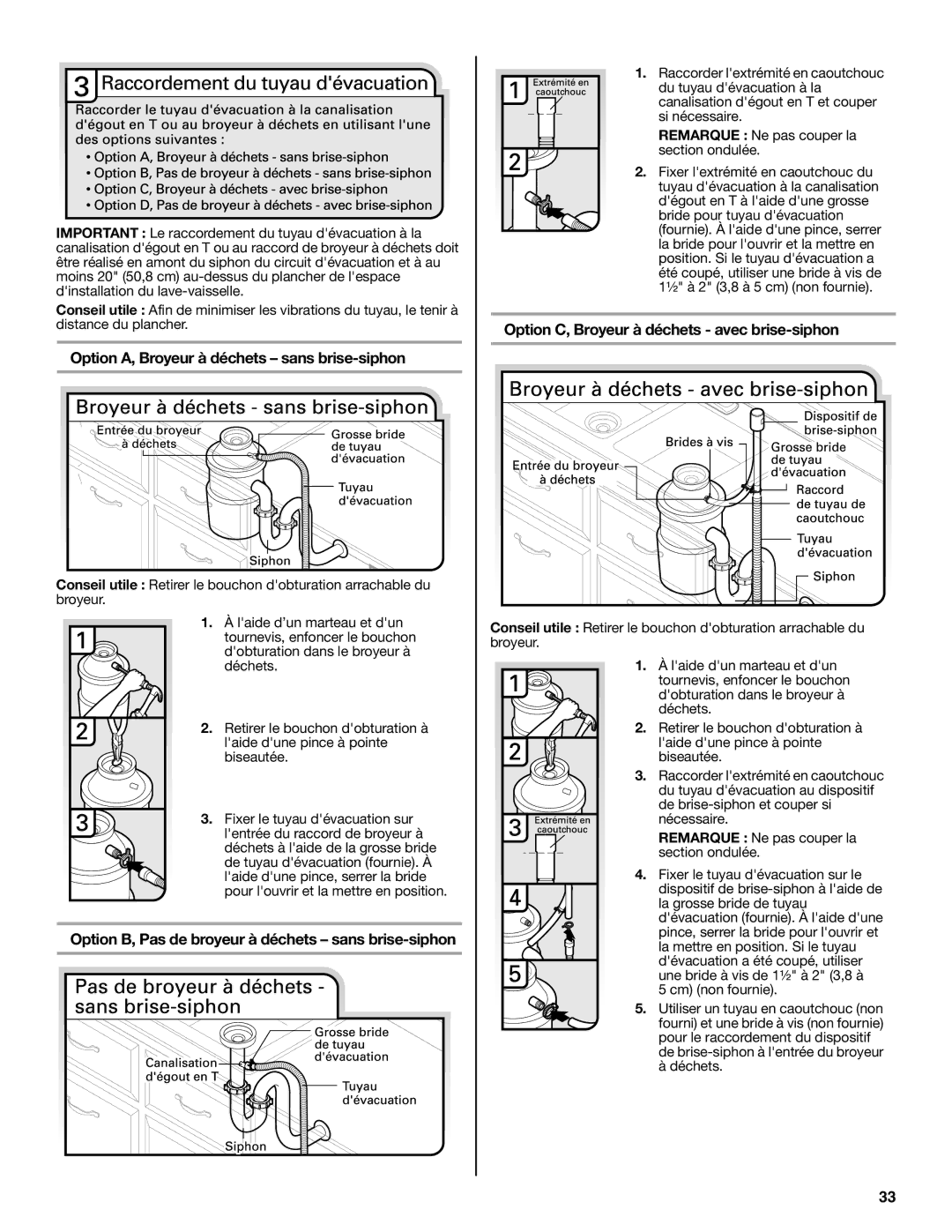 Maytag W10401504D Option A, Broyeur à déchets sans brise-siphon, Option B, Pas de broyeur à déchets sans brise-siphon 