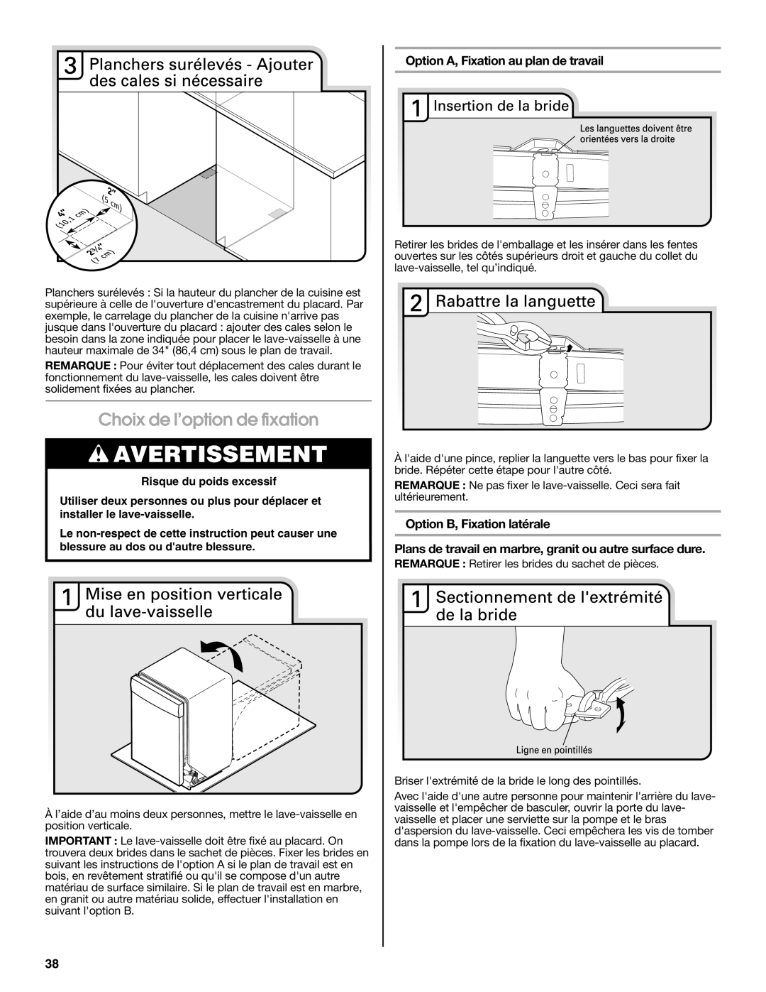 Maytag W10401504D installation instructions Choix de l’option de fixation, Option A, Fixation au plan de travail 