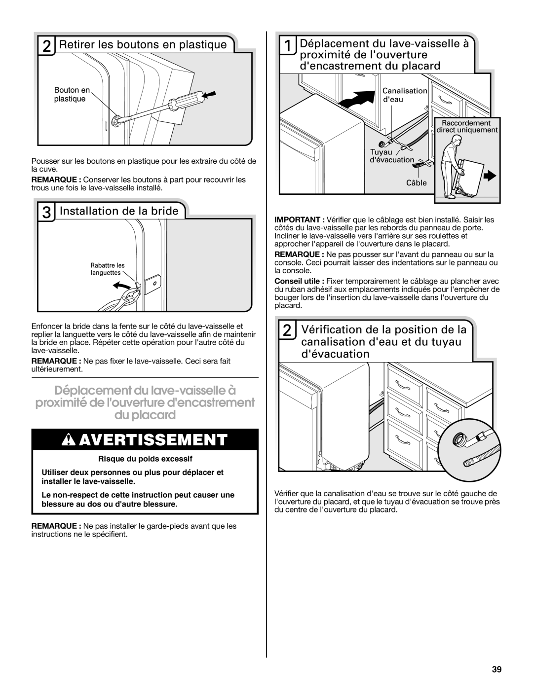 Maytag W10401504D installation instructions Avertissement 