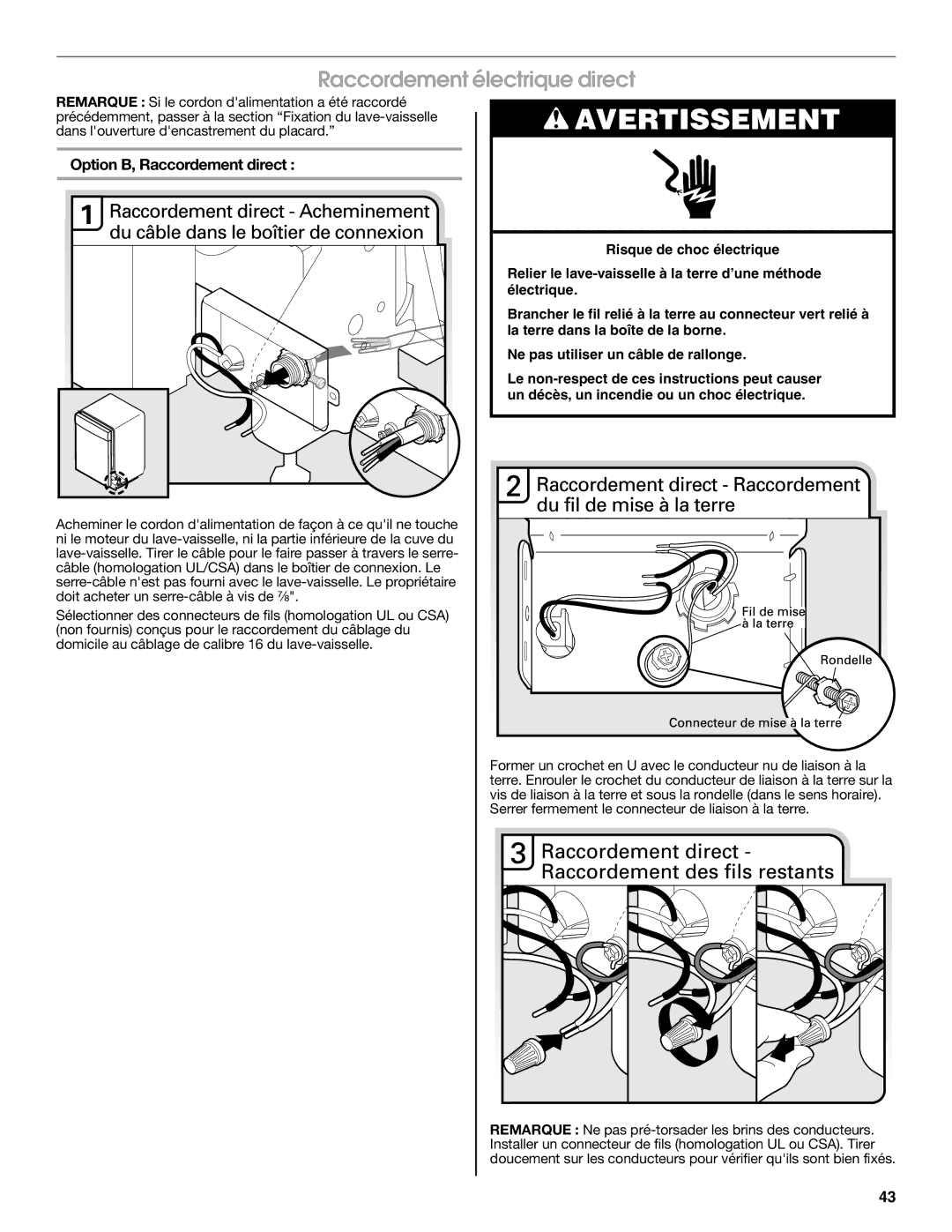 Maytag W10401504D installation instructions Raccordement électrique direct, Option B, Raccordement direct 