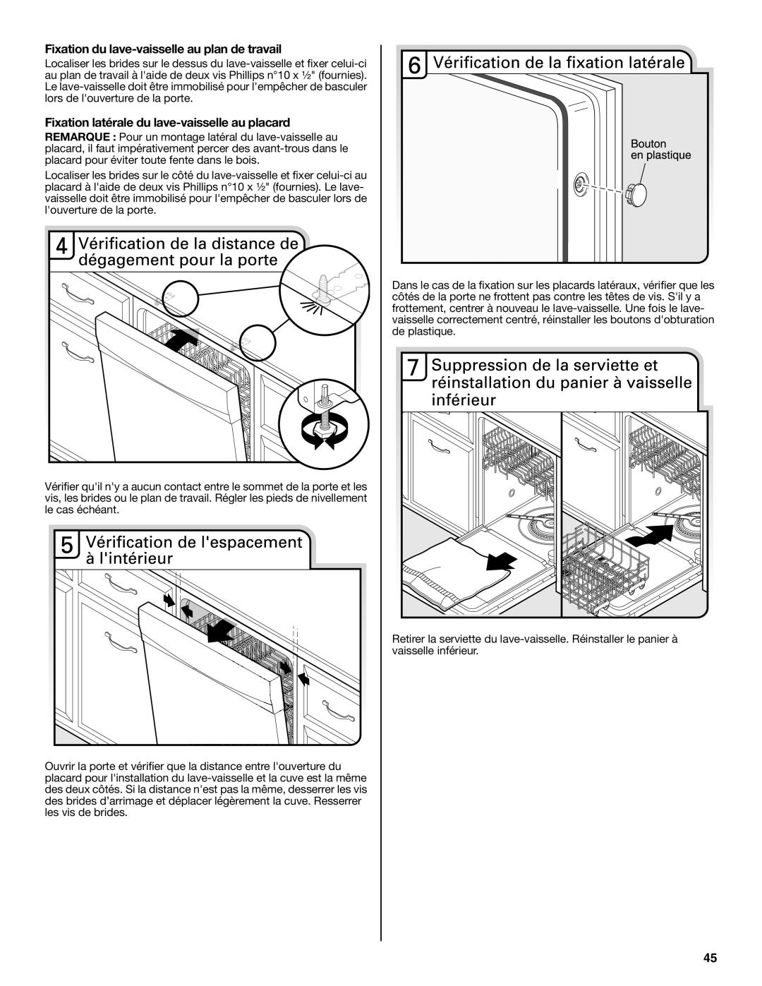 Maytag W10401504D Fixation du lave-vaisselle au plan de travail, Fixation latérale du lave-vaisselle au placard 