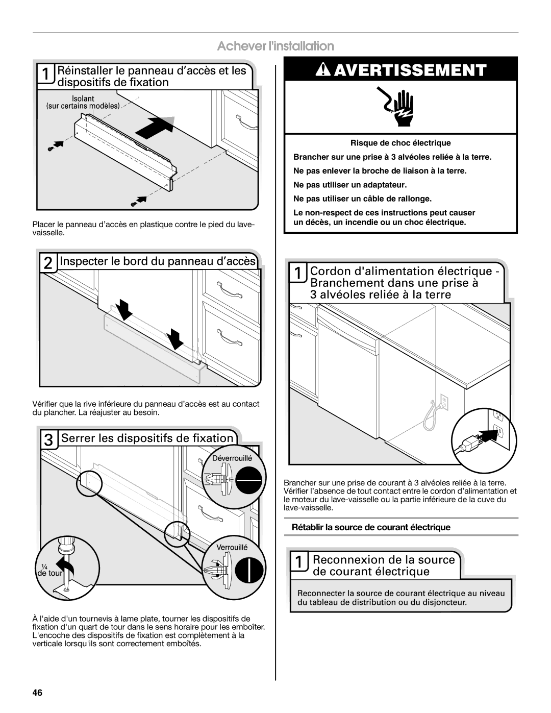 Maytag W10401504D installation instructions Achever linstallation, Rétablir la source de courant électrique 