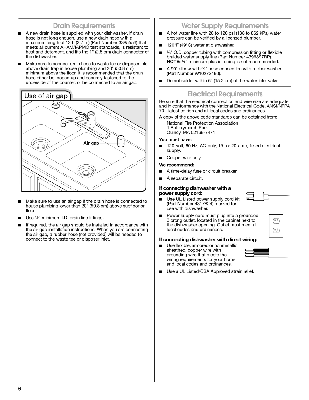 Maytag W10401504D installation instructions Drain Requirements, Water Supply Requirements, Electrical Requirements 