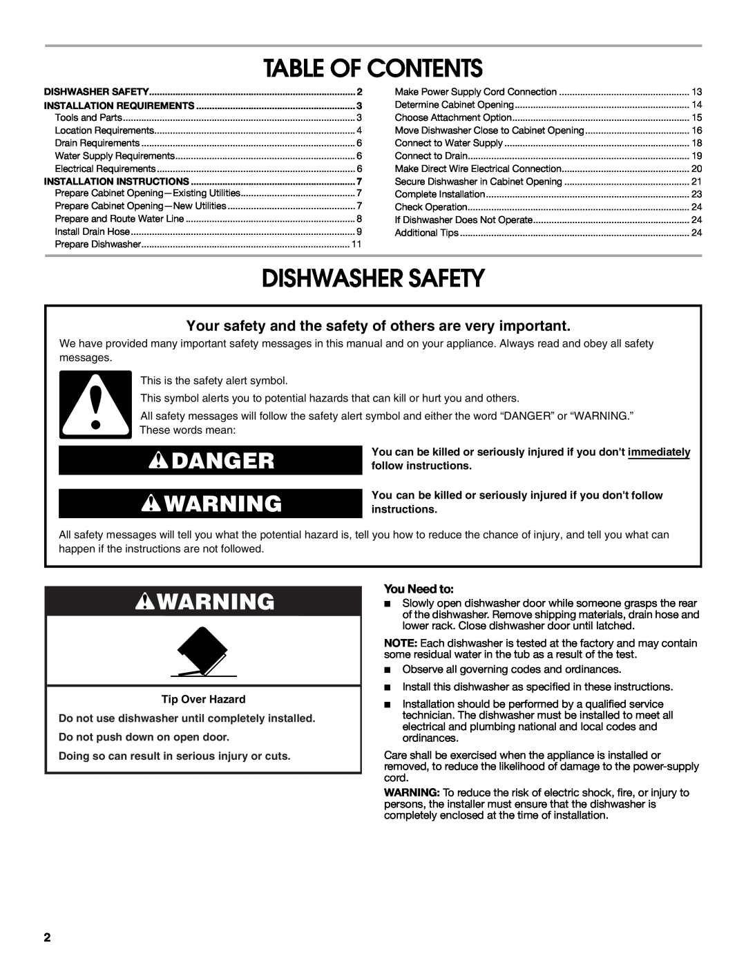 Maytag W10401504D Table Of Contents, Dishwasher Safety, Danger, Your safety and the safety of others are very important 