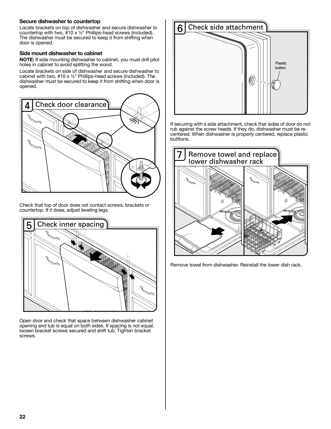 Maytag W10401504D installation instructions Secure dishwasher to countertop, Side mount dishwasher to cabinet 