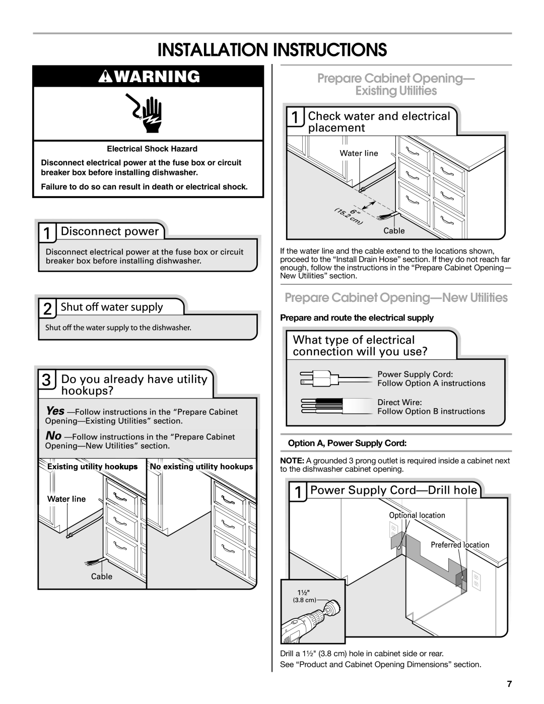 Maytag W10401504D Installation Instructions, Prepare Cabinet Opening Existing Utilities, Option A, Power Supply Cord 