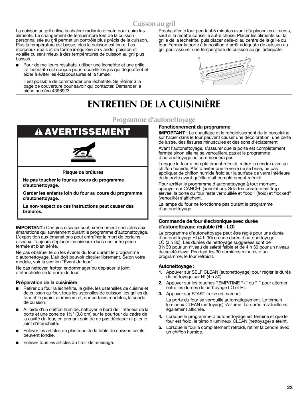 Maytag W10419390A warranty Entretien DE LA Cuisinière, Cuisson au gril, Programme d’autonettoyage 