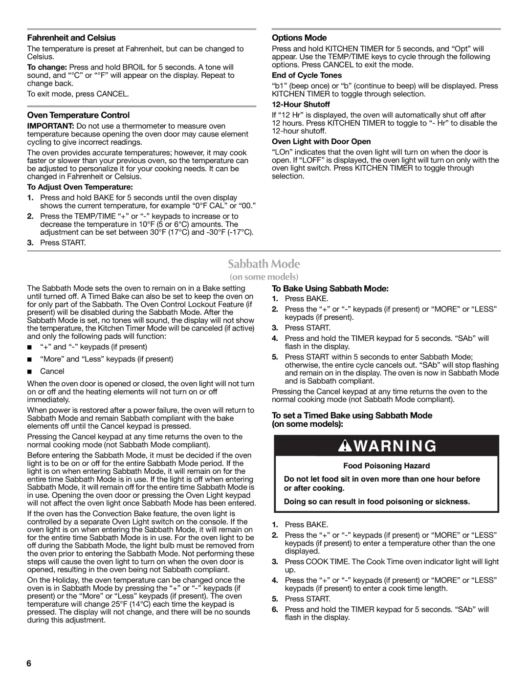 Maytag W10419390A warranty Sabbath Mode 