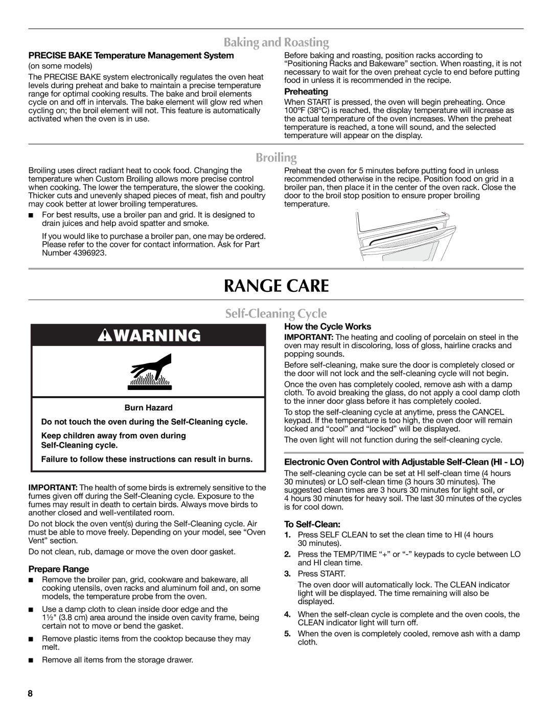 Maytag W10419390A warranty Range Care, Baking and Roasting, Broiling, Self-Cleaning Cycle 