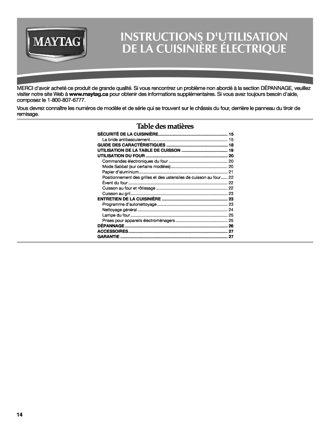 Maytag W10419390A warranty Instructions Dutilisation, De La Cuisinière Électrique, Table des matières 