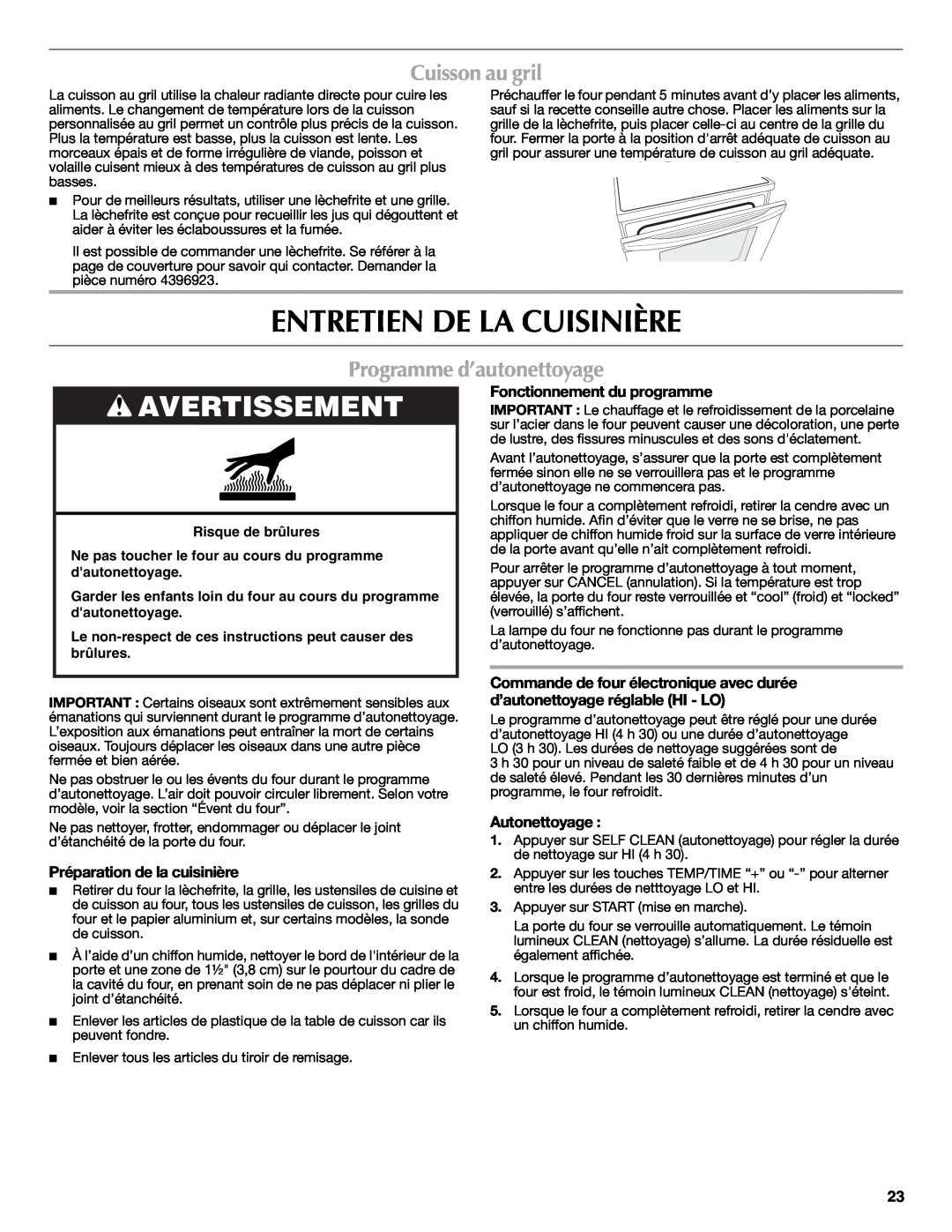 Maytag W10419390A Entretien De La Cuisinière, Cuisson au gril, Programme d’autonettoyage, Fonctionnement du programme 