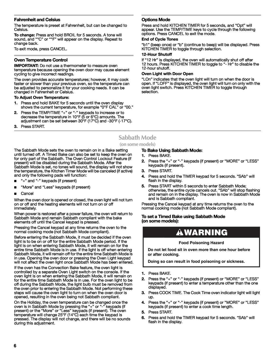 Maytag W10419390A warranty Sabbath Mode, on some models, Fahrenheit and Celsius, Oven Temperature Control, Options Mode 