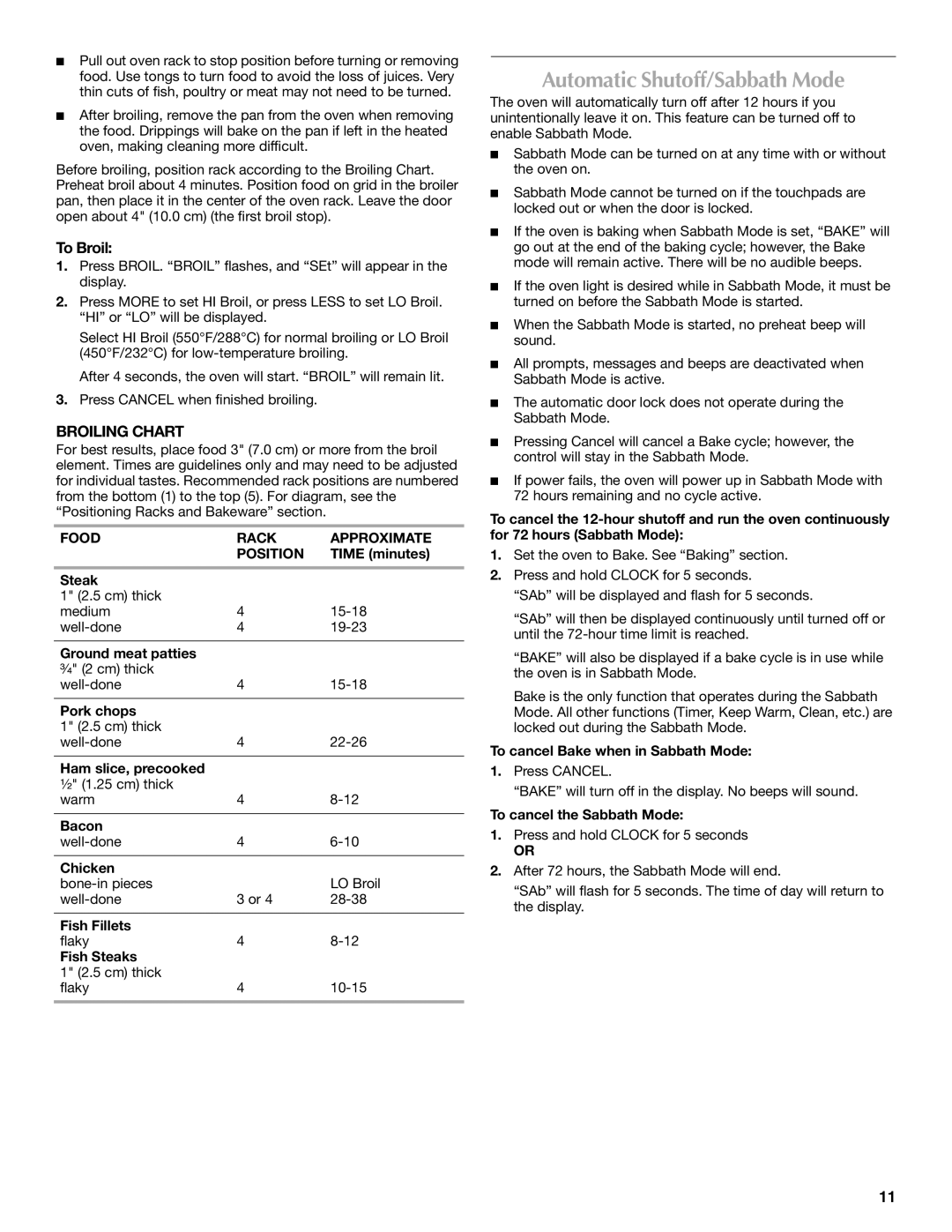 Maytag W10430917A manual Automatic Shutoff/Sabbath Mode, To Broil, Broiling Chart, Food Rack Approximate Position 