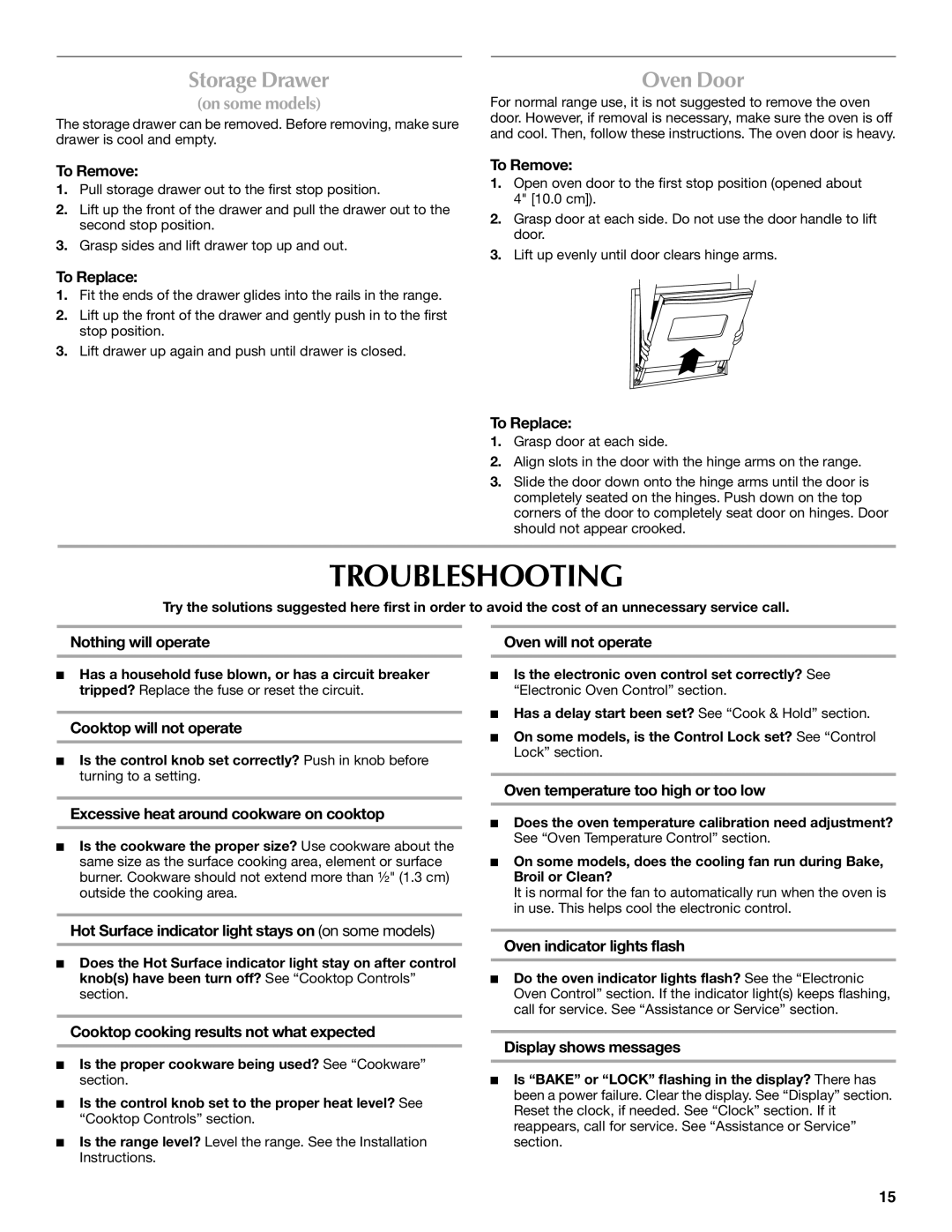 Maytag W10430917A manual Troubleshooting, Storage Drawer, Oven Door 