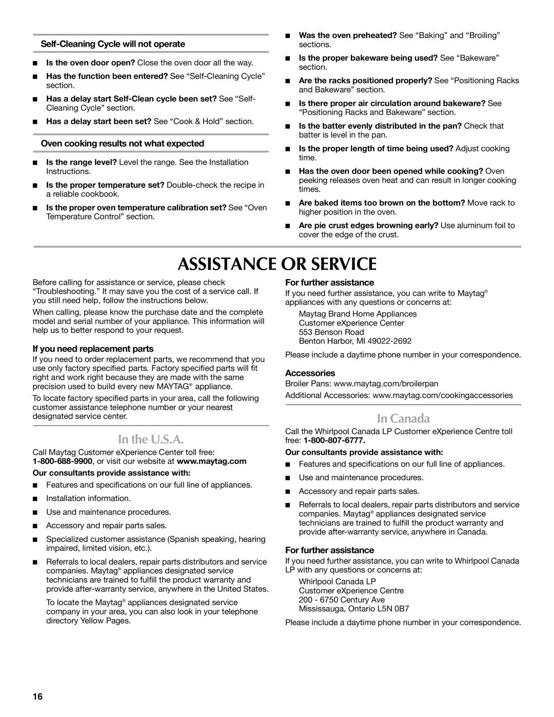 Maytag W10430917A manual Assistance or Service, U.S.A, Canada 