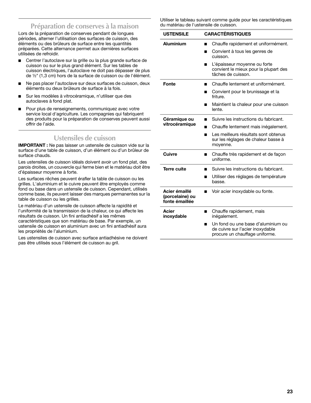 Maytag W10430917A manual Ustensiles de cuisson, Ustensile Caractéristiques 