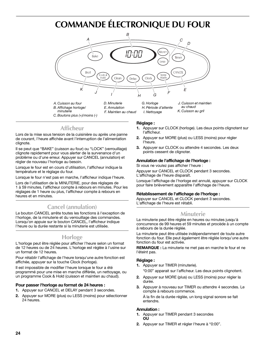 Maytag W10430917A manual Commande Électronique DU Four, Afficheur, Cancel annulation, Horloge, Minuterie 