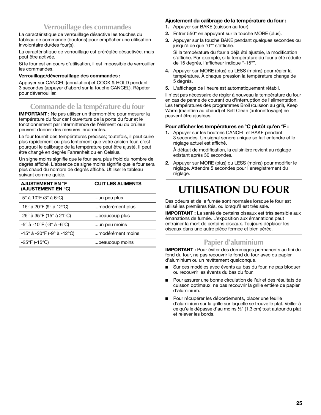 Maytag W10430917A manual Utilisation DU Four, Verrouillage des commandes, Papier d’aluminium 