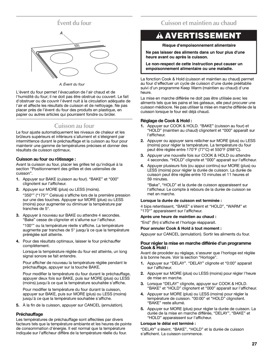 Maytag W10430917A manual Évent du four, Cuisson au four, Cuisson et maintien au chaud 