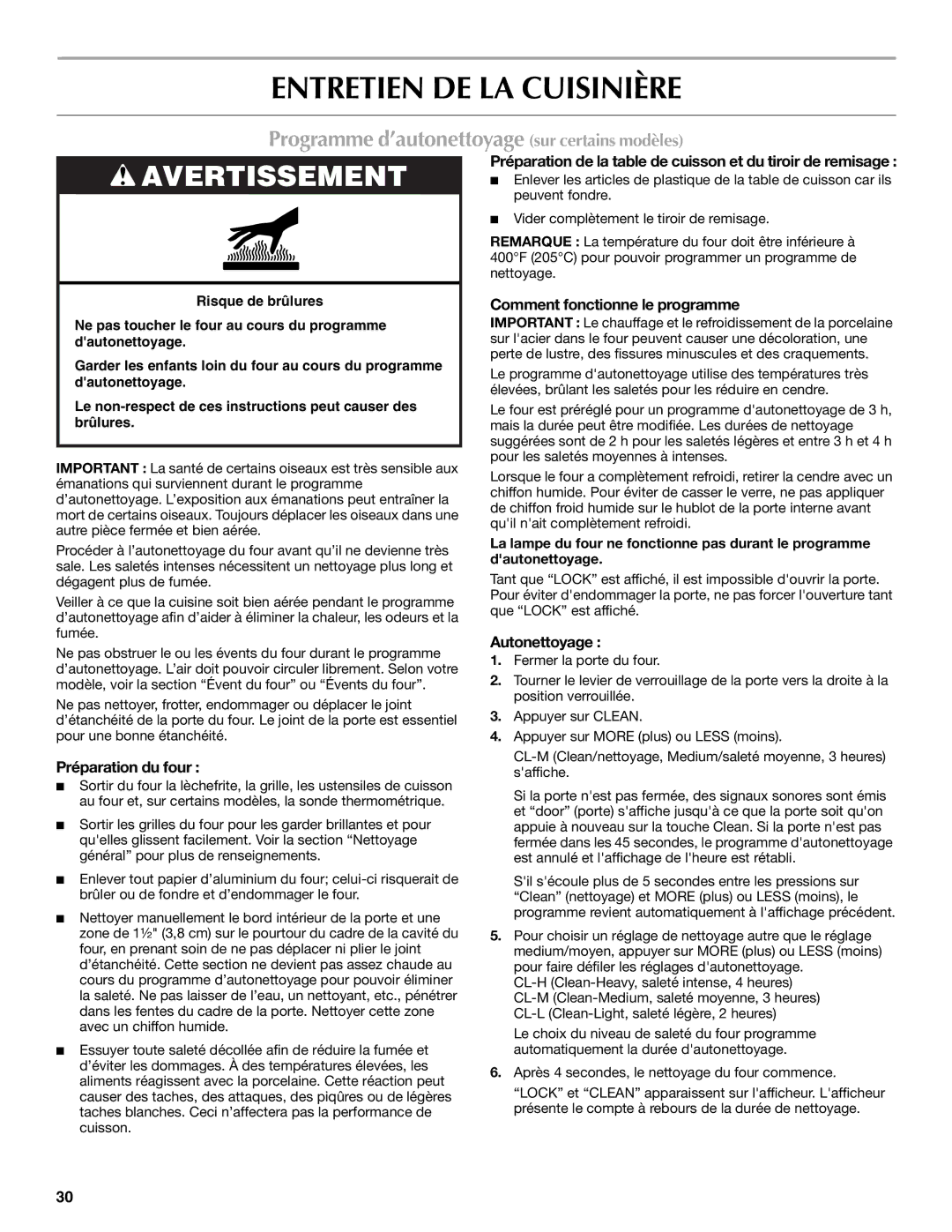 Maytag W10430917A manual Entretien DE LA Cuisinière, Programme d’autonettoyage sur certains modèles 