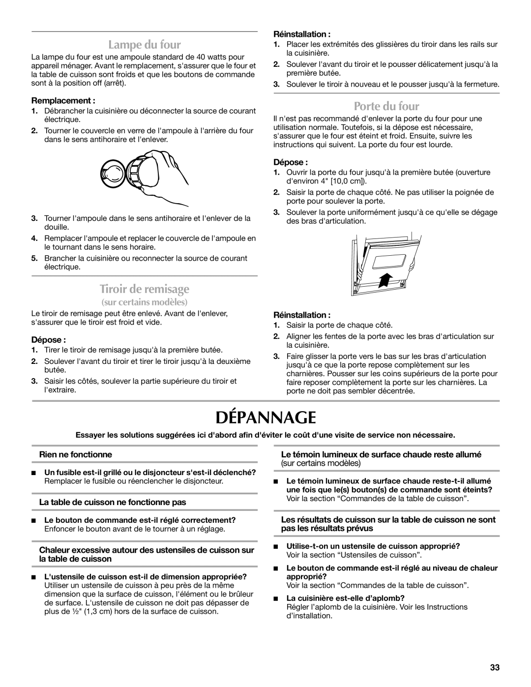 Maytag W10430917A manual Dépannage, Lampe du four, Porte du four, Tiroir de remisage 