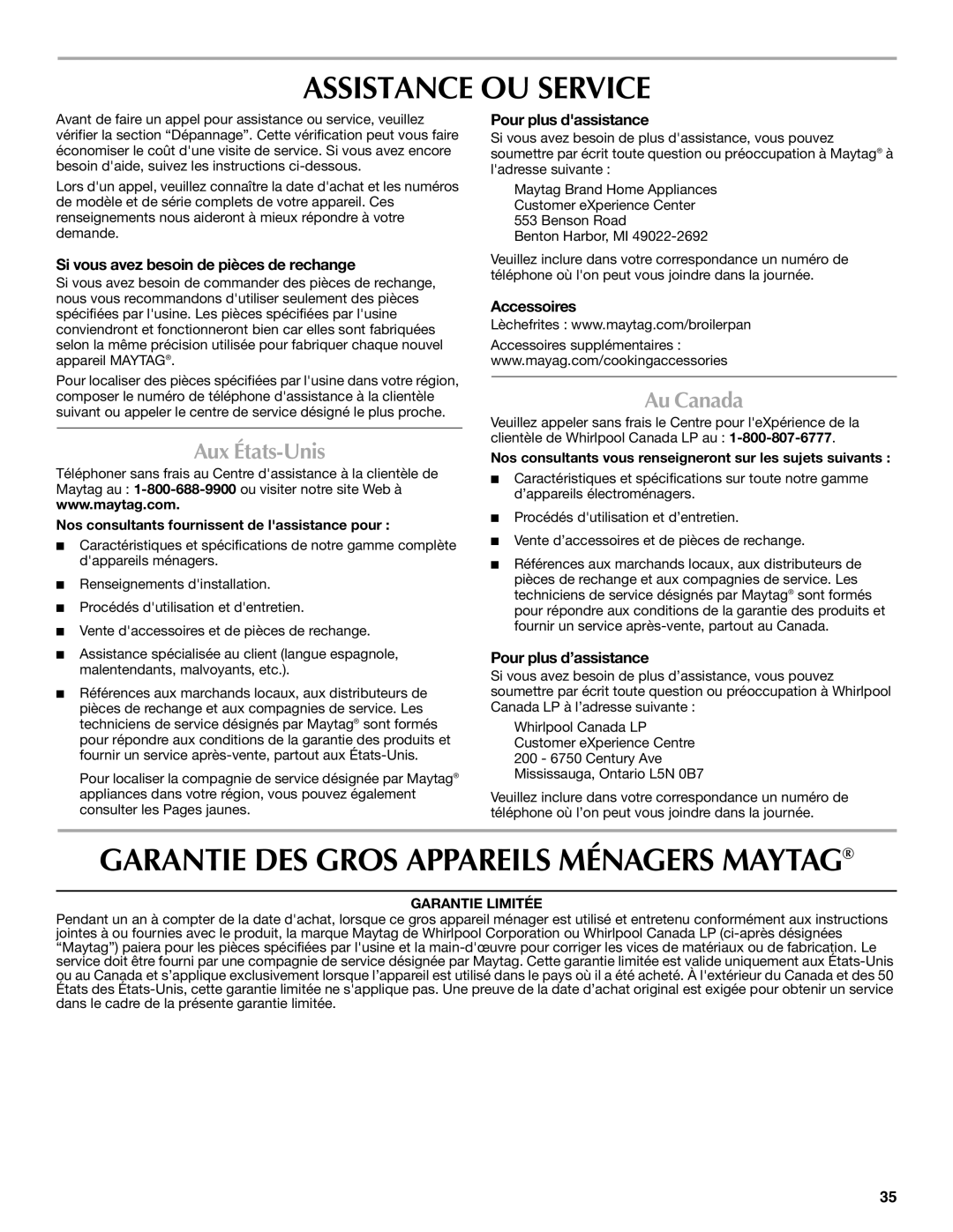 Maytag W10430917A manual Assistance OU Service, Aux États-Unis, Au Canada 