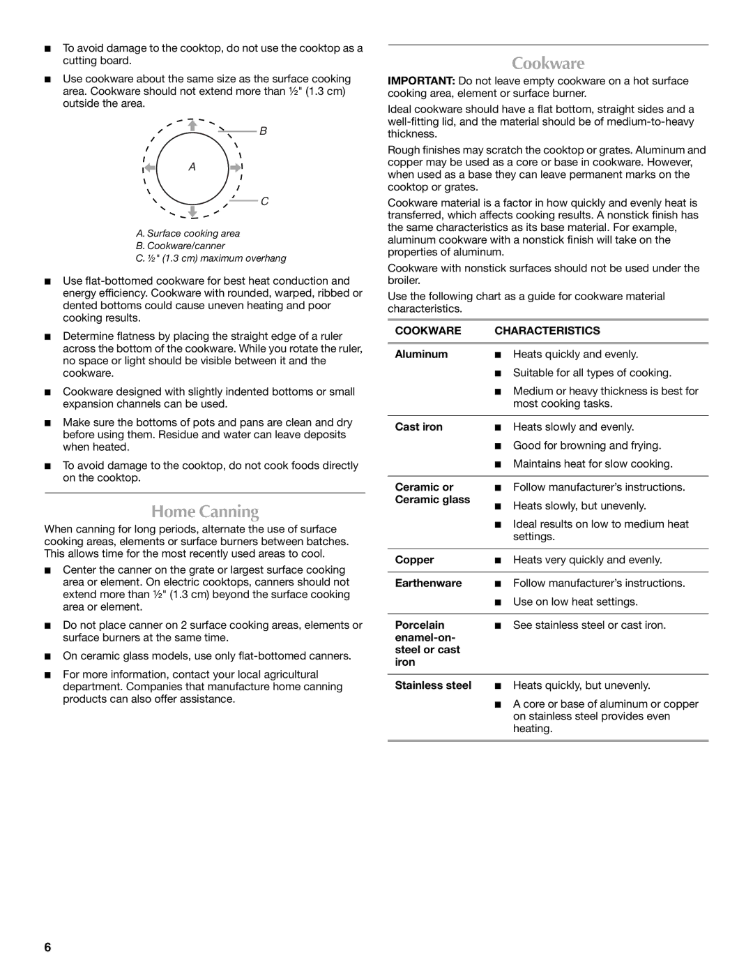 Maytag W10430917A manual Home Canning, Cookware Characteristics 