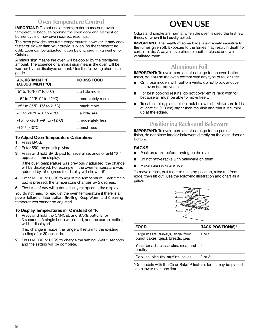 Maytag W10430917A manual Oven USE, Oven Temperature Control, Aluminum Foil, Positioning Racks and Bakeware 