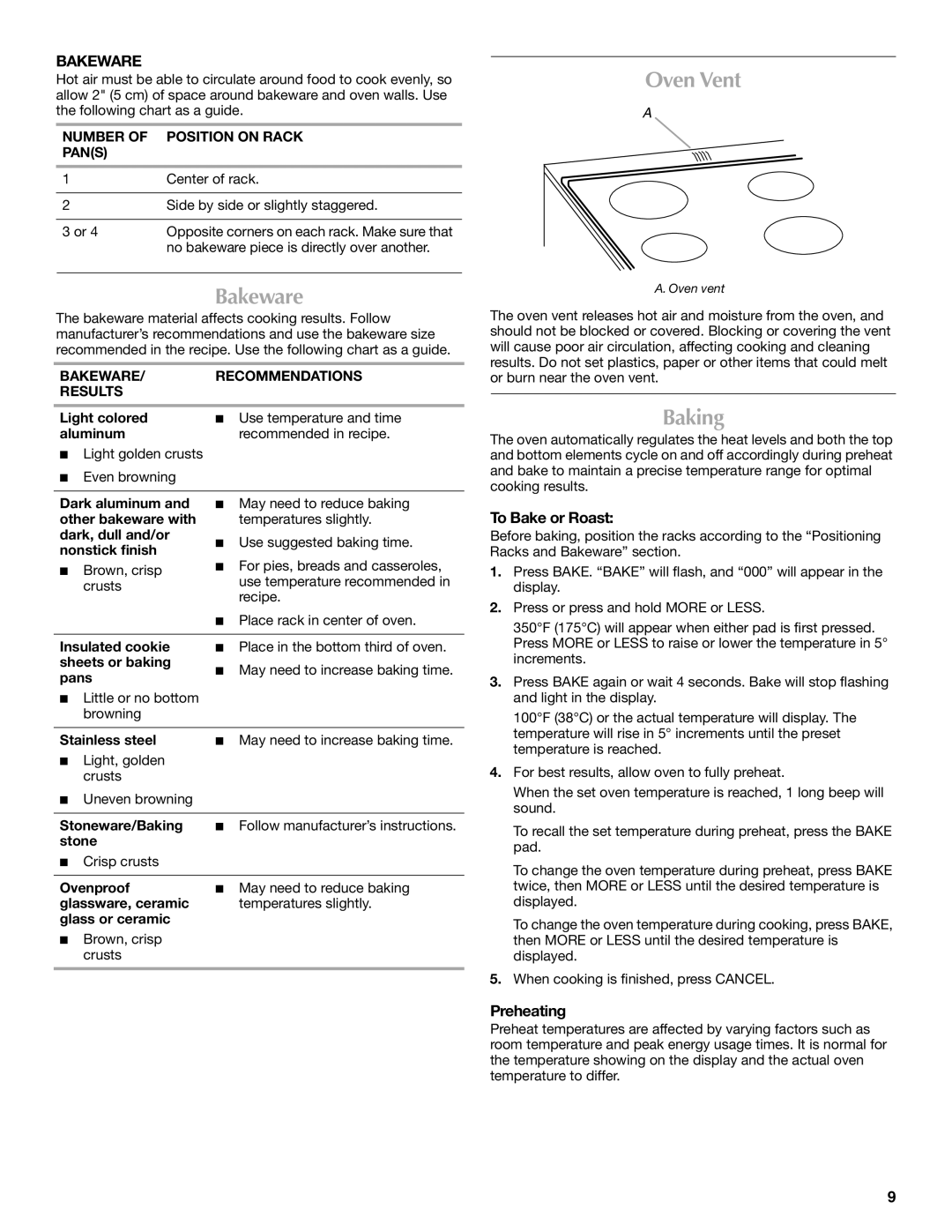 Maytag W10430917A manual Bakeware, Oven Vent, Baking 