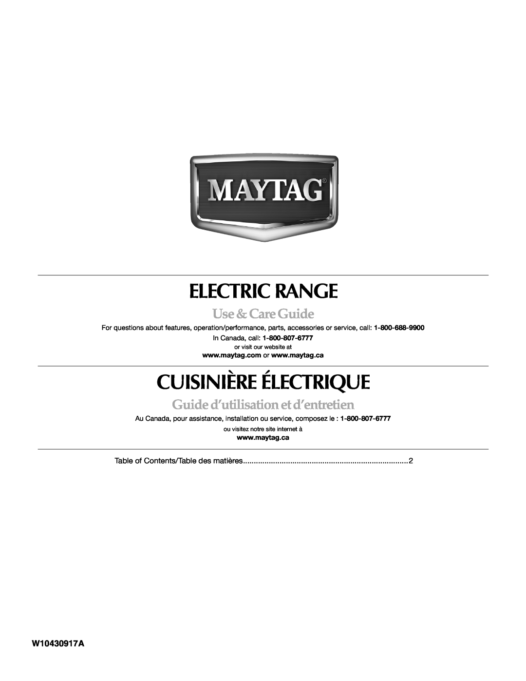 Maytag W10430917A manual Electric Range, Cuisinière Électrique, Use & Care Guide, Guide d’utilisation et d’entretien 