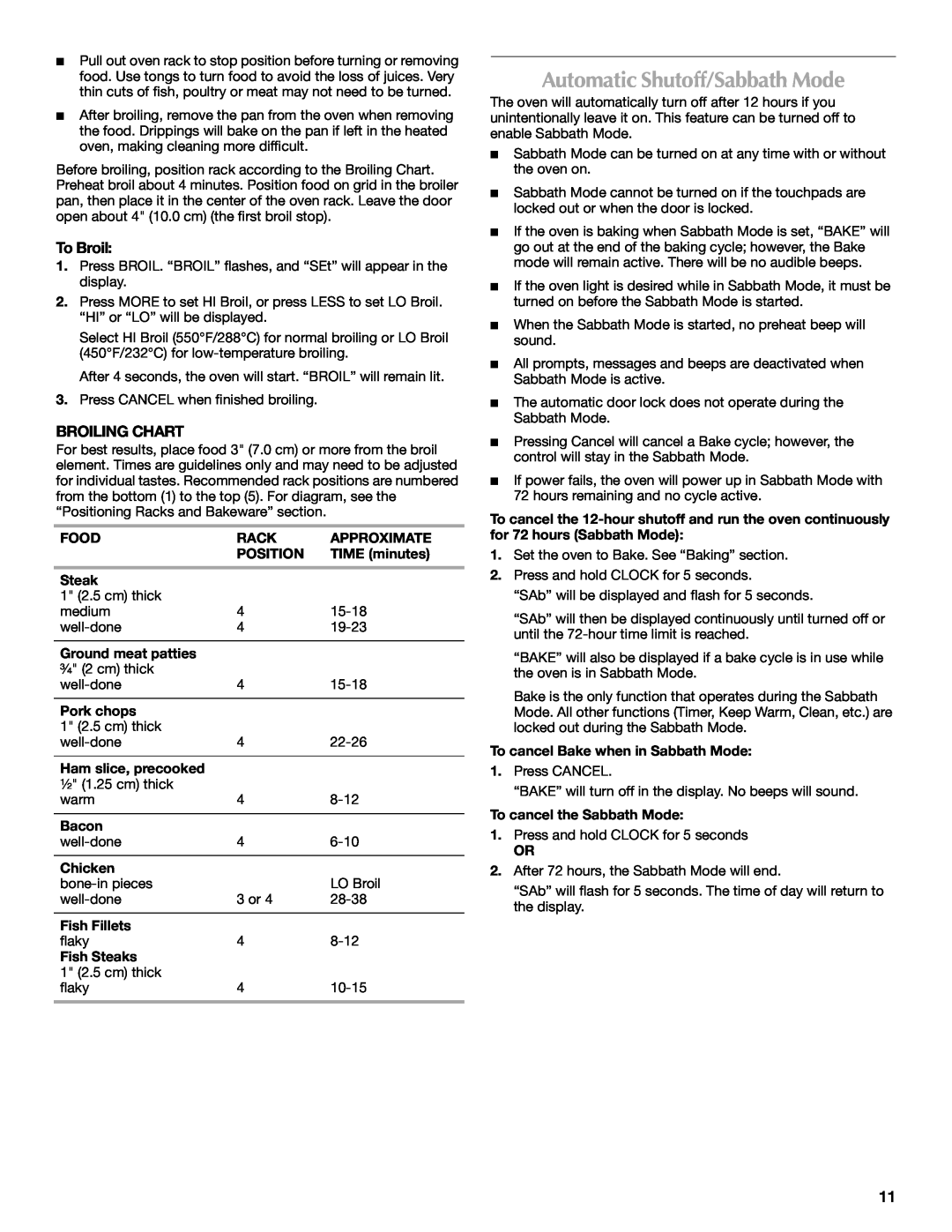 Maytag W10430917A manual Automatic Shutoff/Sabbath Mode, To Broil, Broiling Chart 