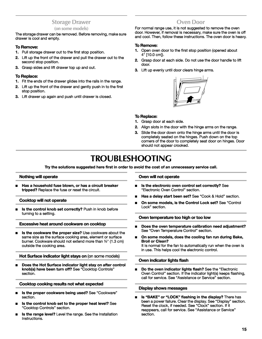 Maytag W10430917A manual Troubleshooting, Storage Drawer, Oven Door, To Remove, Nothing will operate, Oven will not operate 