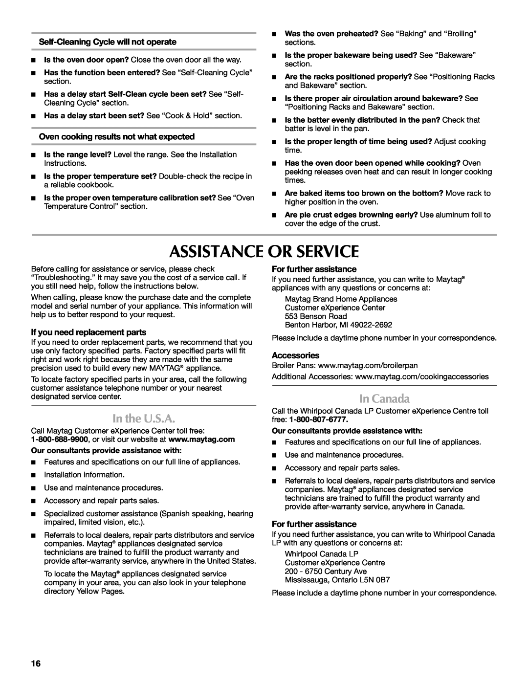 Maytag W10430917A manual Assistance Or Service, In the U.S.A, In Canada, Self-CleaningCycle will not operate, Accessories 
