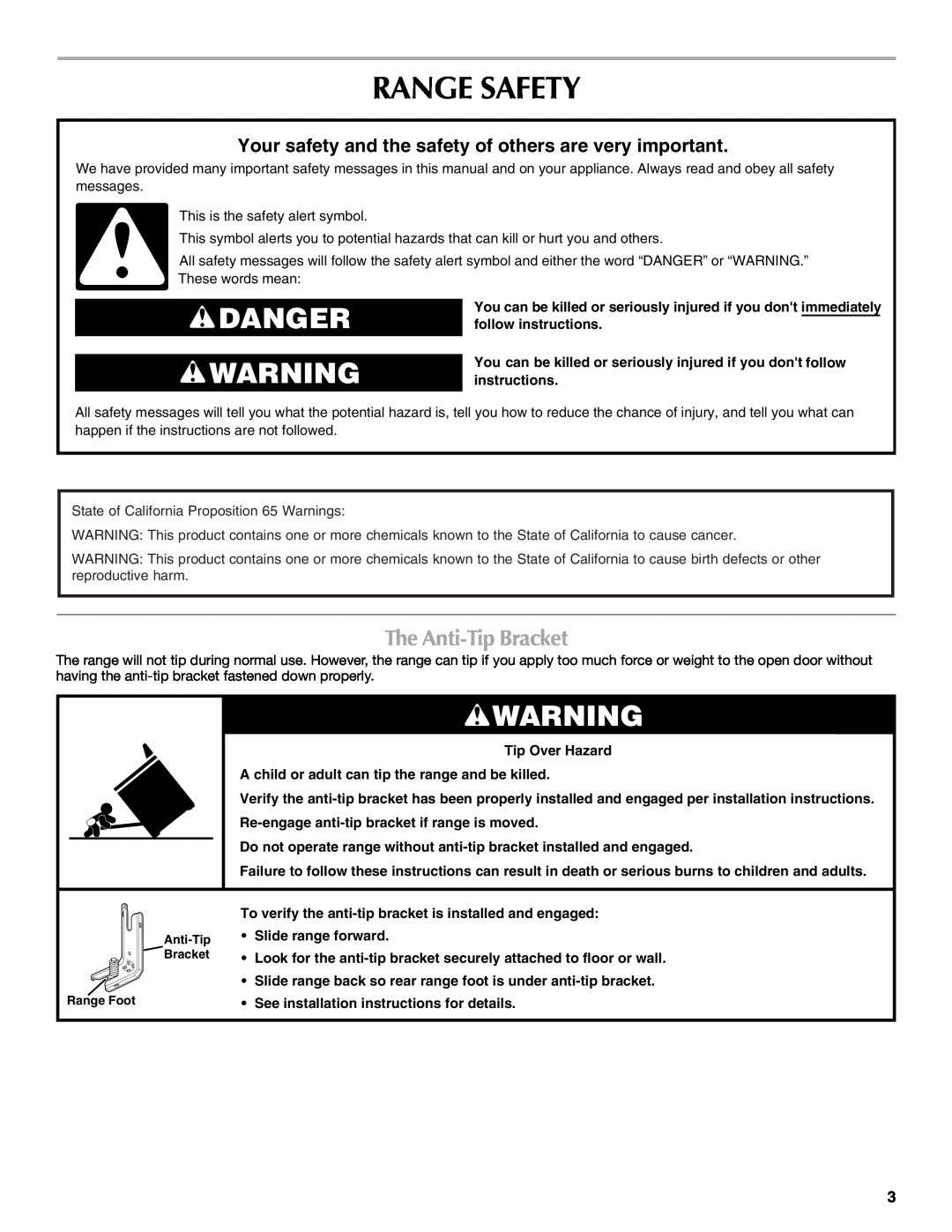 Maytag W10430917A manual Range Safety, Danger, The Anti-TipBracket 