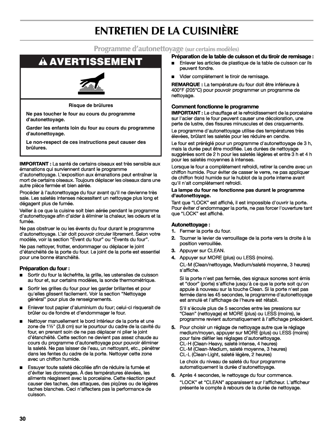 Maytag W10430917A manual Entretien De La Cuisinière, Programme d’autonettoyage sur certains modèles, Préparation du four 