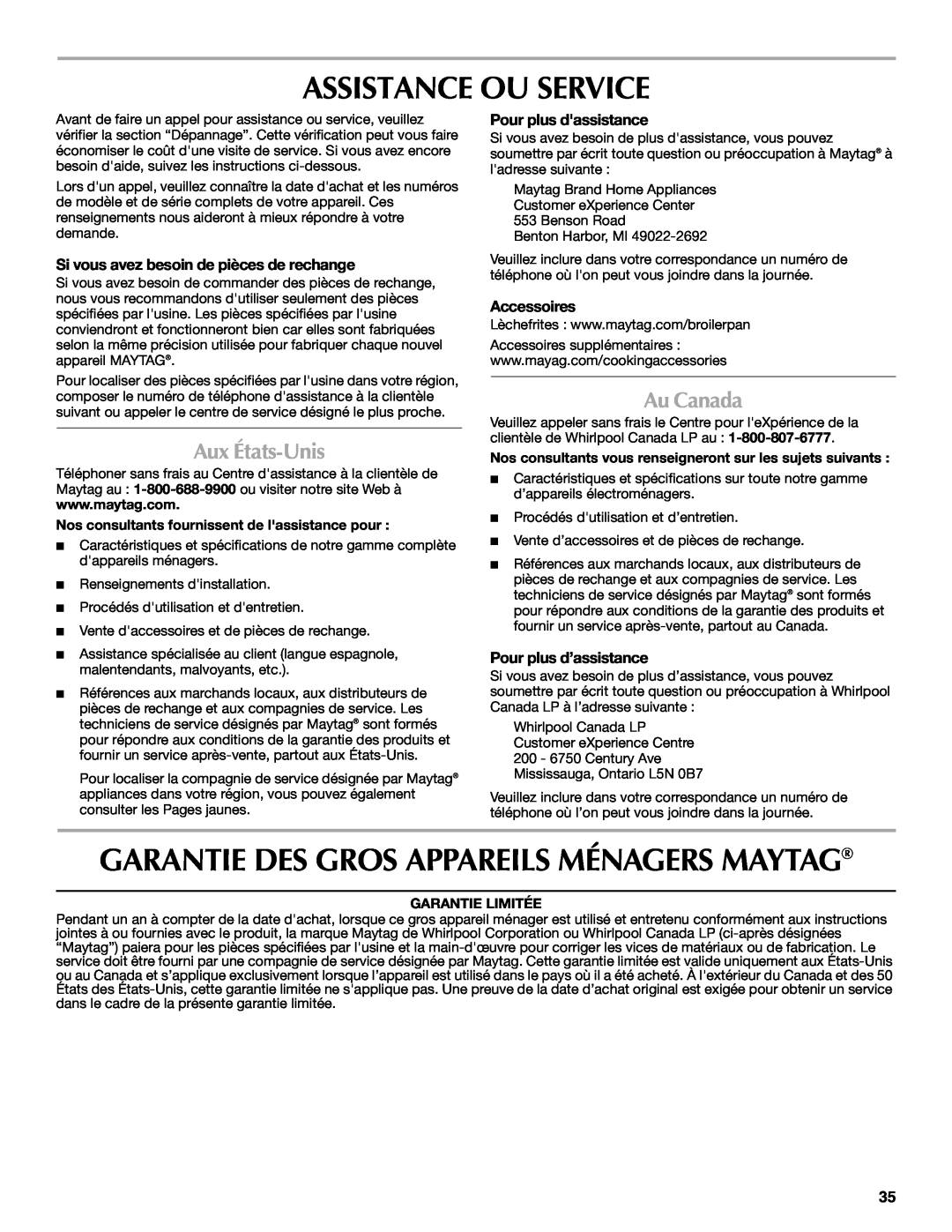 Maytag W10430917A manual Assistance Ou Service, Garantie Des Gros Appareils Ménagers Maytag, Aux États-Unis, Au Canada 
