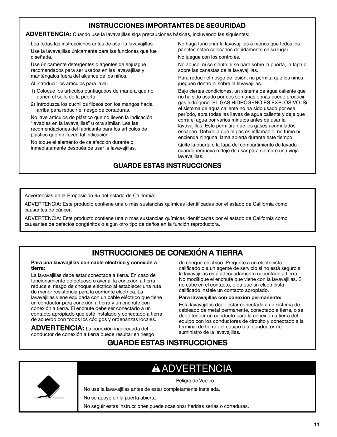 Maytag W10438305A warranty Instrucciones Importantes DE Seguridad, Para lavavajillas con conexión permanente 