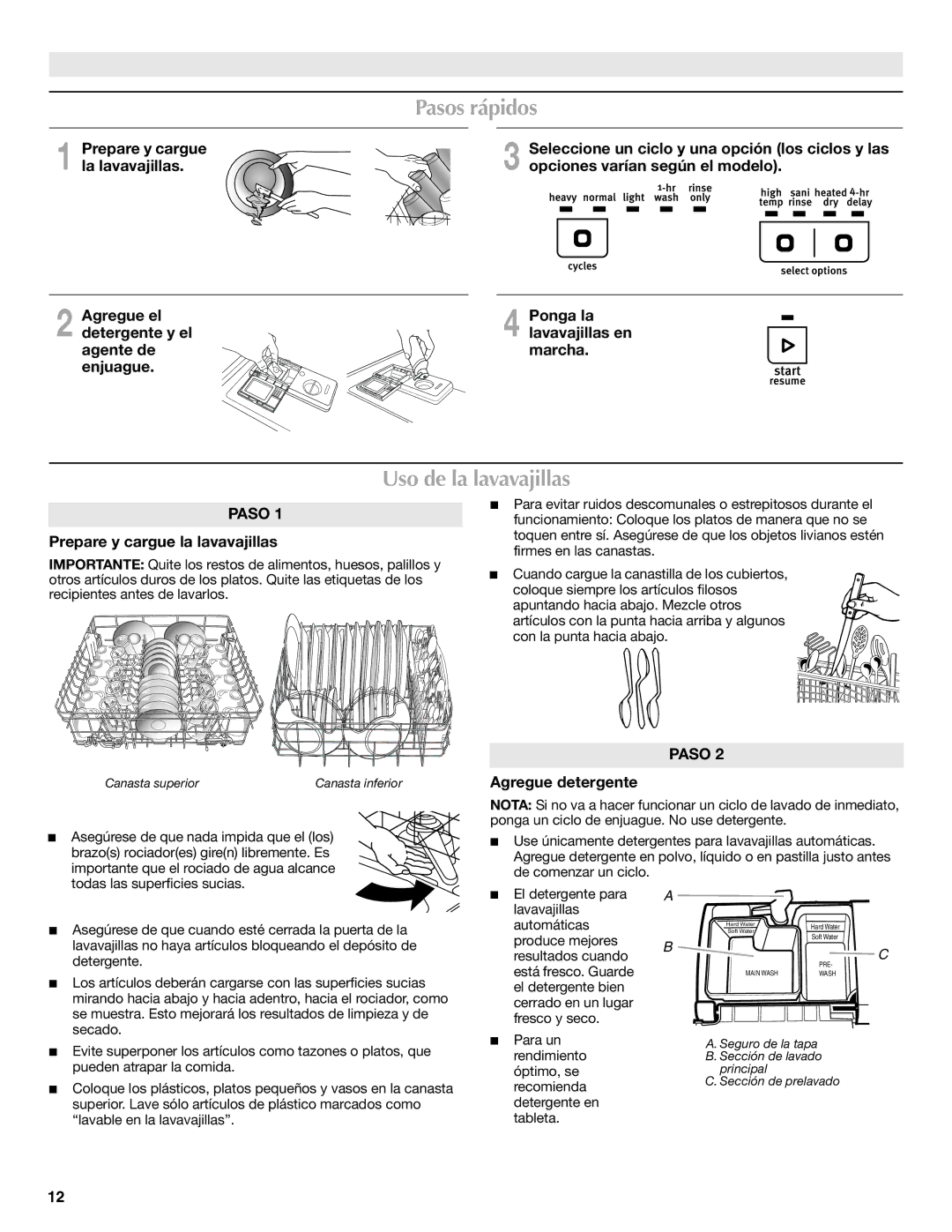 Maytag W10438305A warranty Pasos rápidos, Uso de la lavavajillas 