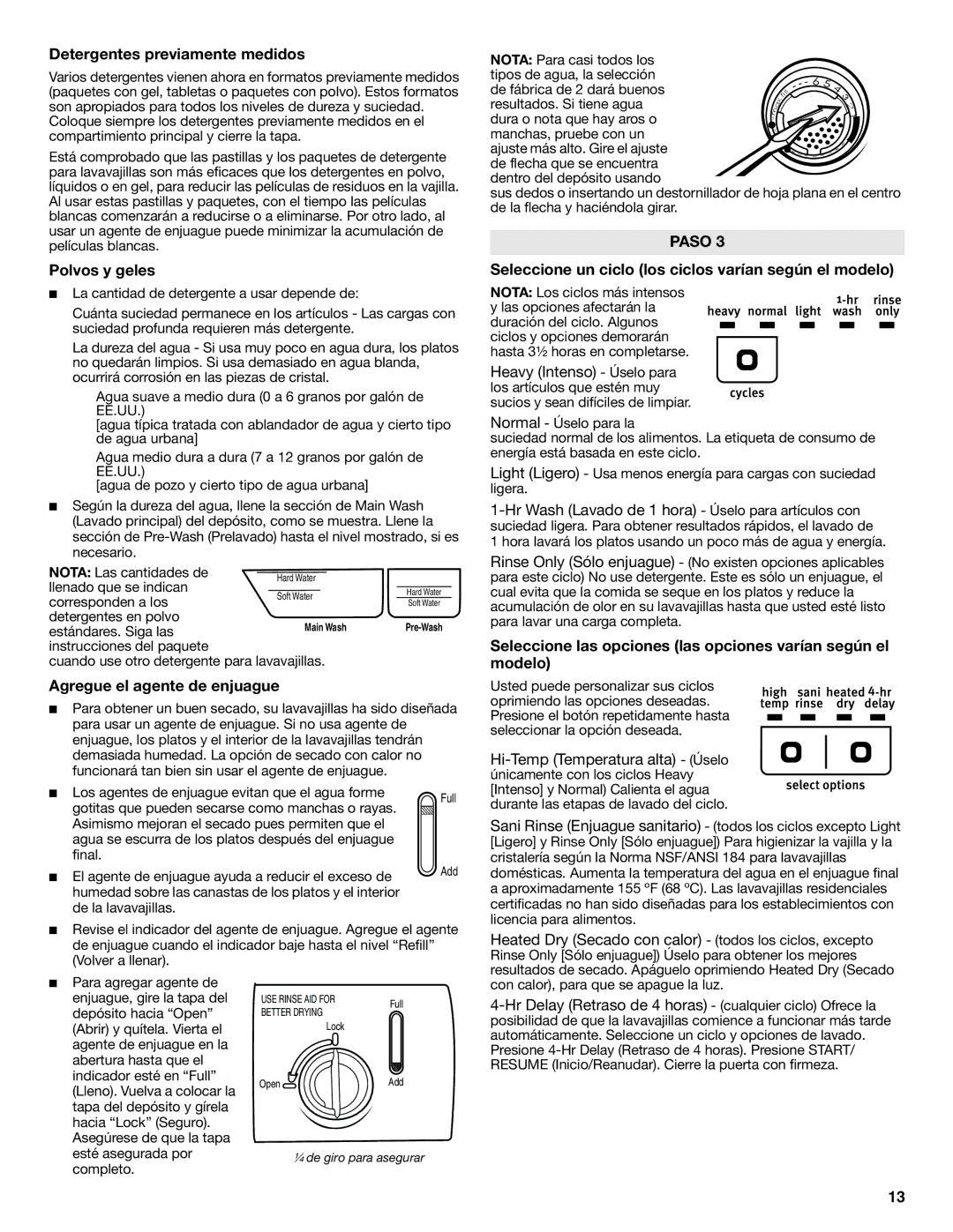 Maytag W10438305A warranty Detergentes previamente medidos, Polvos y geles, Agregue el agente de enjuague 