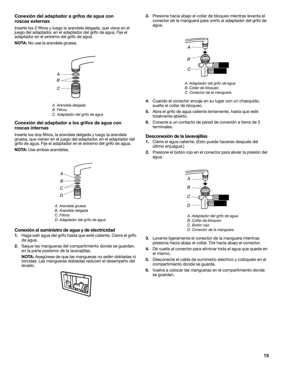 Maytag W10438305A warranty Conexión del adaptador a grifos de agua con roscas externas, Desconexión de la lavavajillas 