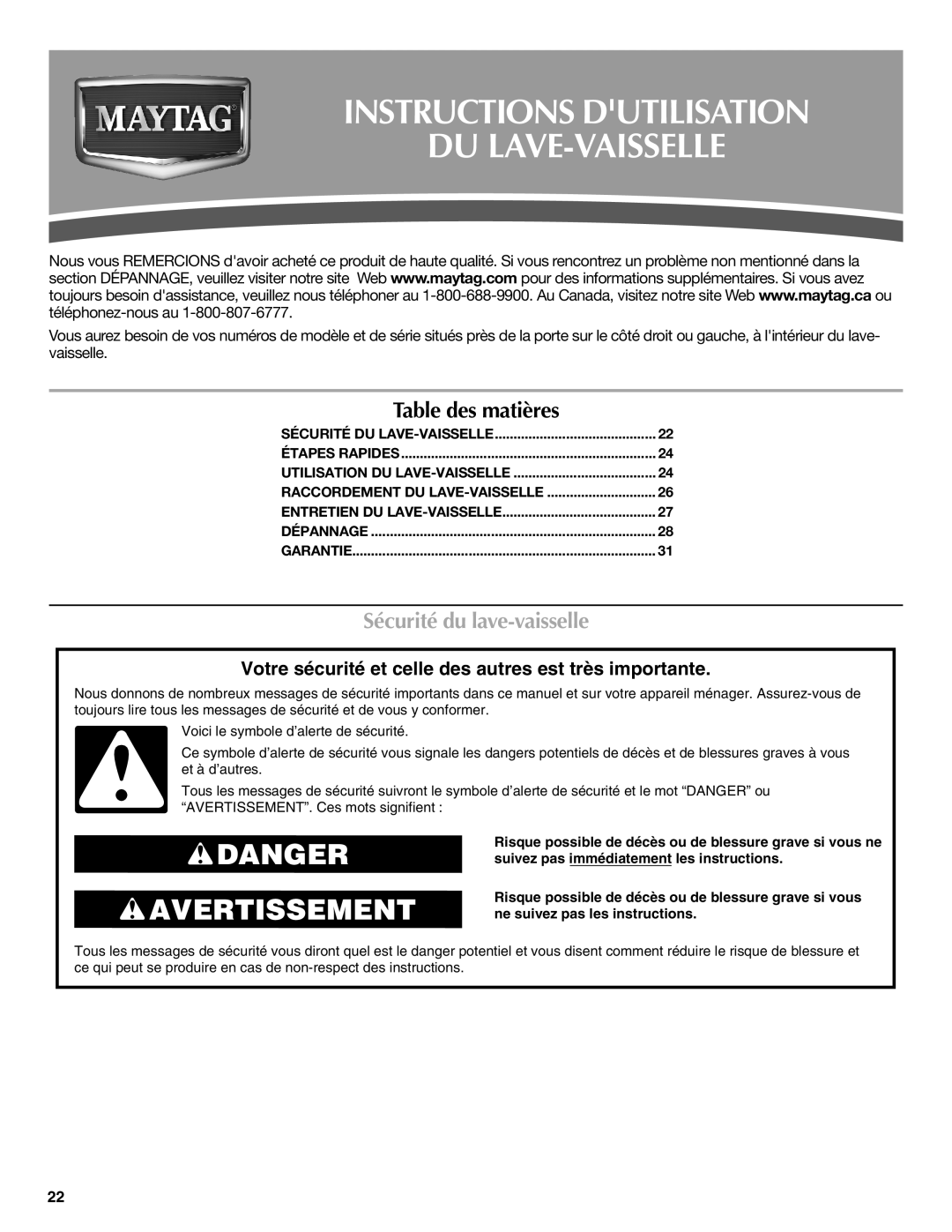 Maytag W10438305A warranty Instructions Dutilisation DU LAVE-VAISSELLE, Sécurité du lave-vaisselle 