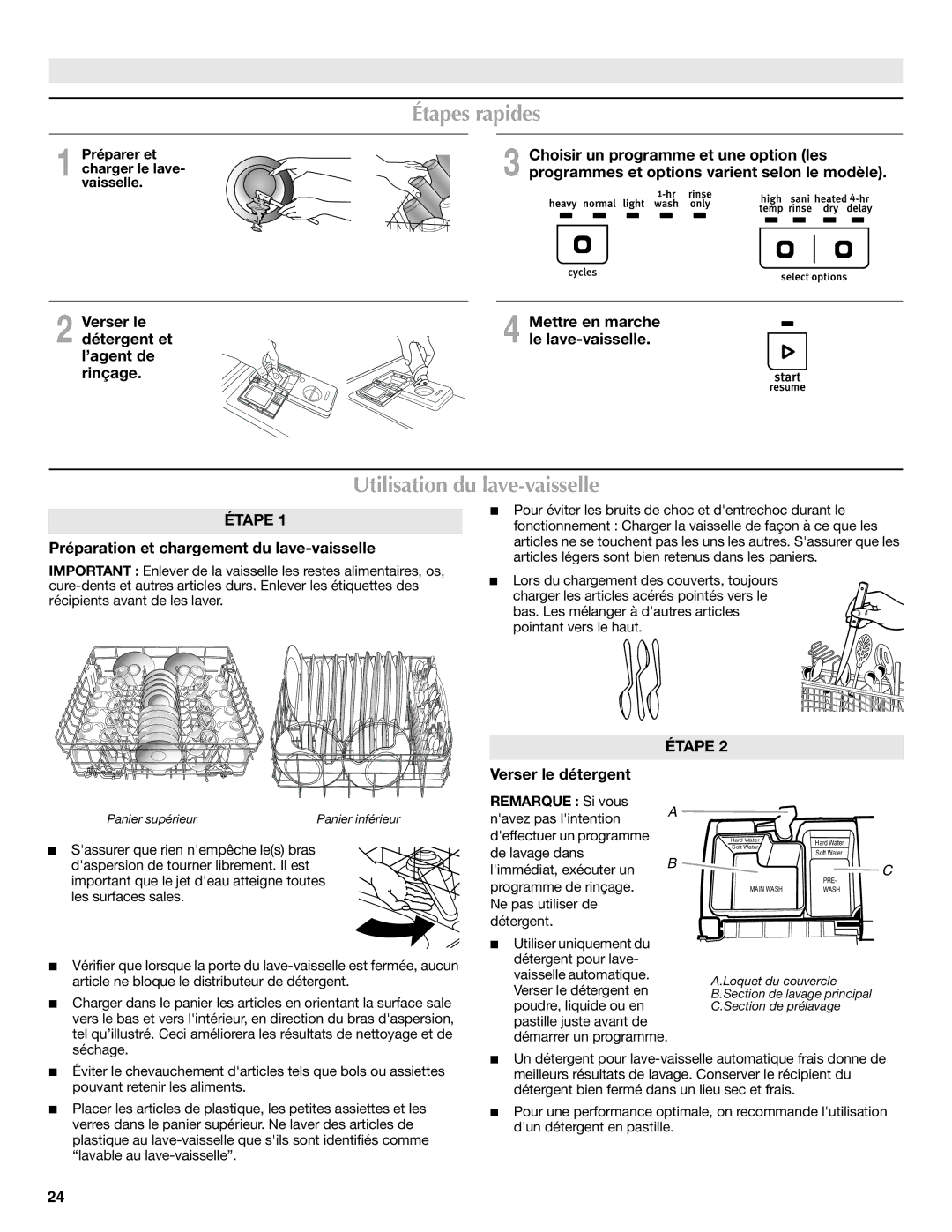 Maytag W10438305A warranty Étapes rapides, Utilisation du lave-vaisselle 