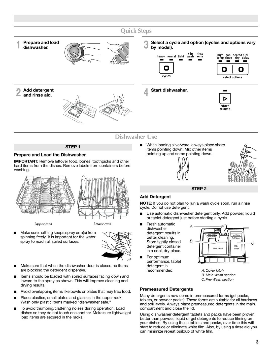 Maytag W10438305A warranty Quick Steps, Dishwasher Use 