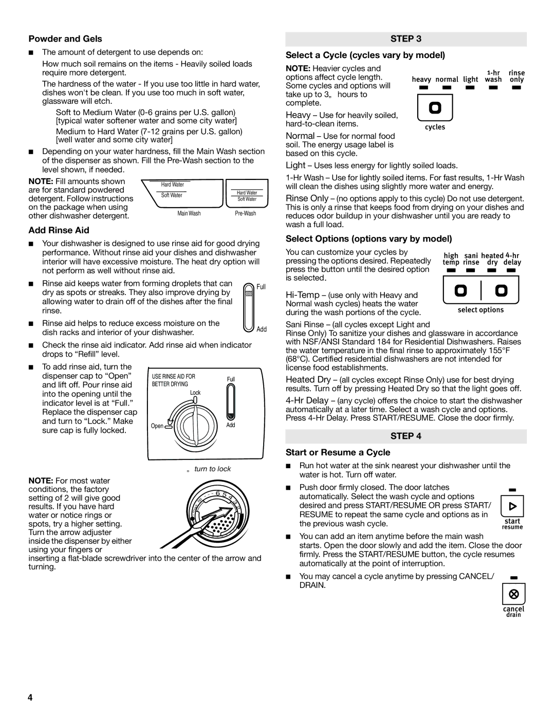 Maytag W10438305A warranty Powder and Gels, Add Rinse Aid, Select a Cycle cycles vary by model, Start or Resume a Cycle 