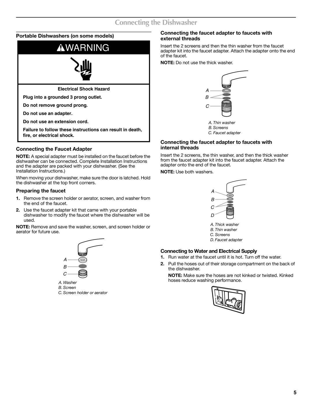 Maytag W10438305A warranty Connecting the Dishwasher, Portable Dishwashers on some models, Connecting the Faucet Adapter 